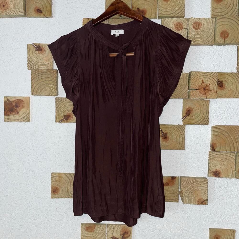 A.L.C. Top Women’s 2 Tunic Carmen Tie Neck Flutter Short Sleeve Semi Sheer Flowy
